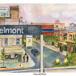 May include: A watercolor painting of a street scene in a city. The painting features a street sign that reads "Belmont 3200N 1000W". There are buildings on both sides of the street, and a car is driving down the street. The sky is a light pink color, and there are trees on both sides of the street.