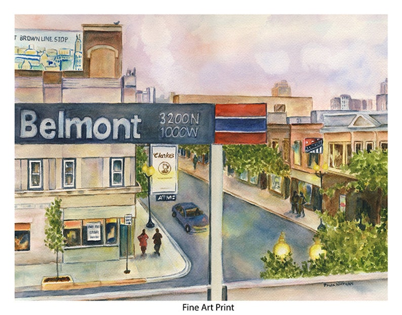 May include: A watercolor painting of a street scene in a city. The painting features a street sign that reads "Belmont 3200N 1000W". There are buildings on both sides of the street, and a car is driving down the street. The sky is a light pink color, and there are trees on both sides of the street.