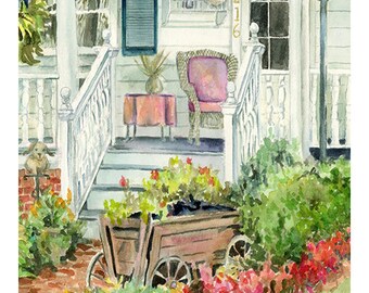 Libertyville, Illinois Vintage Old House porch with garden, Watercolor Giclee art print