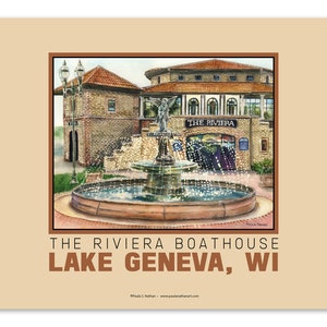 Lake Geneva, Wisconsin, Travel Poster, Wall art, Fountain, Vacation, Watercolor Giclee art print, Riviera Boathouse image 1