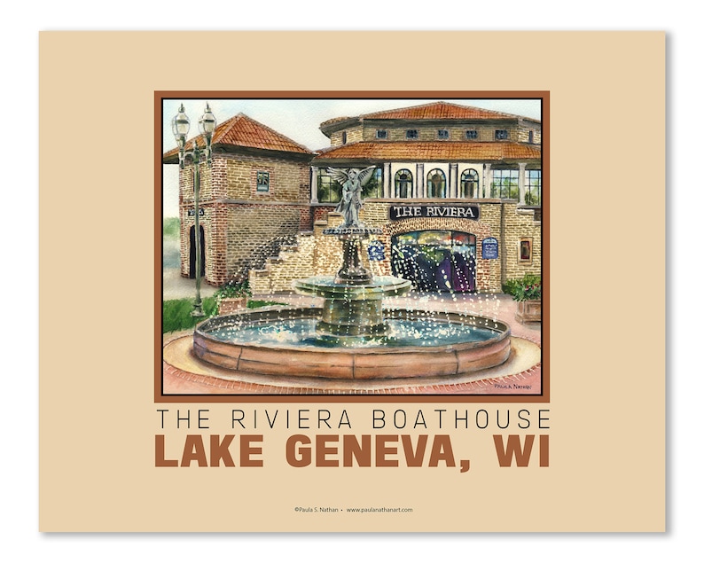 Lake Geneva, Wisconsin, Travel Poster, Wall art, Fountain, Vacation, Watercolor Giclee art print, Riviera Boathouse image 1