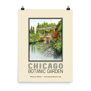 Chicago Botanic Gardens Aquarell Reiseposter, Menschen auf Brücke über Wasser, Blumengarten Malerei
