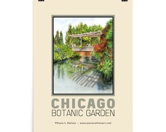 Chicago Botanic Gardens Watercolor Travel Poster, People walking on bridge over water, Flower garden painting