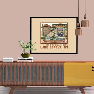 Lake Geneva, Wisconsin, Travel Poster, Wall art, Fountain, Vacation, Watercolor Giclee art print, Riviera Boathouse image 2