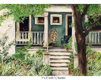 Old Rustic House, Albany Park, Chicago, with quilt on front porch, Watercolor art print