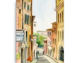 Assisi, Italy Street Scene — Watercolor Giclee Travel Fine Art Print OR Canvas Mounted Print