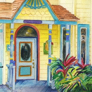 Detail of Roatan, Honduras yellow colorful shopfront gift store fine art watercolor print