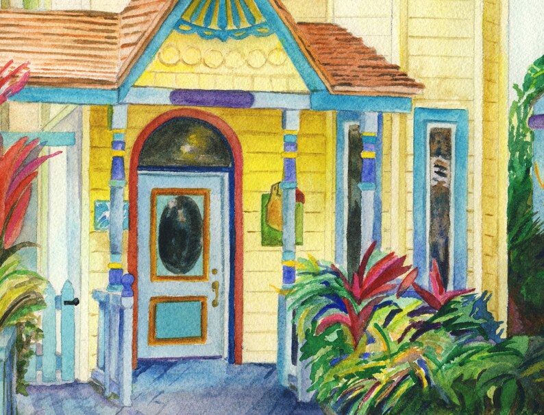 Detail of Roatan, Honduras yellow colorful shopfront gift store fine art watercolor print