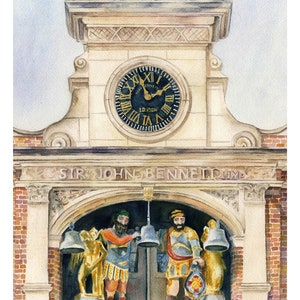 May include: A watercolor painting of a clock tower with a clock face that reads "Tom Avery London". The tower has a bell tower with two figures ringing bells. The inscription "Sir John Bennett, Ltd." is above the bell tower.