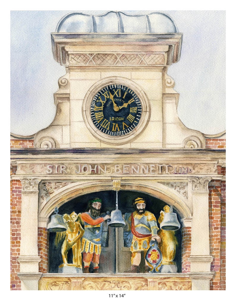 May include: A watercolor painting of a clock tower with a clock face that reads "Tom Avery London". The tower has a bell tower with two figures ringing bells. The inscription "Sir John Bennett, Ltd." is above the bell tower.