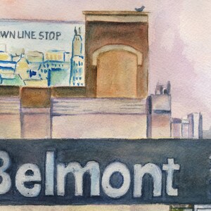 May include: A watercolor painting of a subway station sign that reads "Belmont" in white letters on a black background. The sign is above a building with a brown brick facade and a sign that reads "Brown Line Stop".