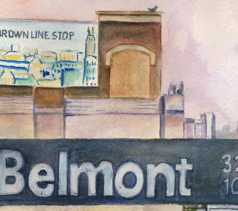 May include: A watercolor painting of a subway station sign that reads "Belmont" in white letters on a black background. The sign is above a building with a brown brick facade and a sign that reads "Brown Line Stop".
