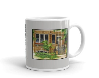 Coffee Mug with watercolor image of Chicago Style Bungalow