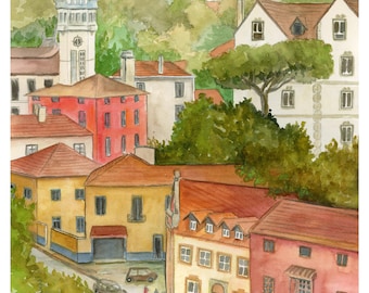 Sintra, Portugal Colorful Red Roofs, Buildings Street Scene, Giclee Fine Art Print