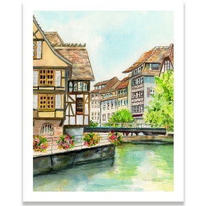 Strasbourg, La Petite France Canal Travel Watercolor Fine Art Paper OR Canvas Print Art Print 12" x 16"