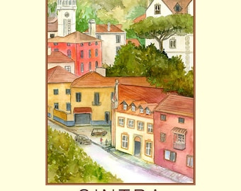 Sintra, Portugal Colorful Red Roofs, Buildings, Street Travel Poster