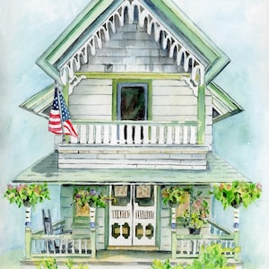 Martha&#39;s Vineyard, Oak Bluffs Boston Gingerbread Cottage, Vintage Watercolor Giclee art print