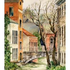 Bruges or Brugge, Belgium Europe Canal and Bridge — Watercolor Travel Fine Art OR Canvas Print