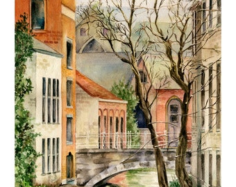 Bruges Belgium Watercolor Art Print, Canal Bridge Scene