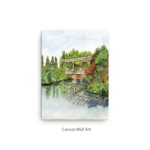 Chicago Botanic Gardens Giclee Aquarell Art Print, Passanten auf Brücke über Wasser Blumengarten Malerei