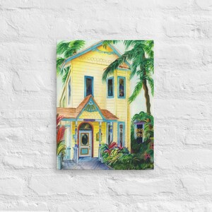 Roatan, Honduras colorful yellow shopfront, gift store watercolor canvas wall art