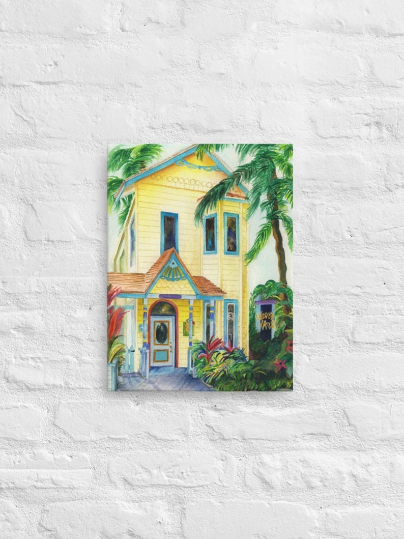 Roatan, Honduras colorful yellow shopfront, gift store watercolor canvas wall art