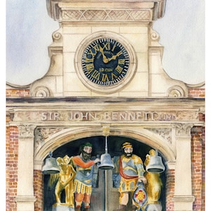 May include: A watercolor painting of a clock tower with a clock face that reads "Sir John Bennett Ltd." The clock tower has a bell tower with two figures ringing bells. The painting is 18 inches by 24 inches.