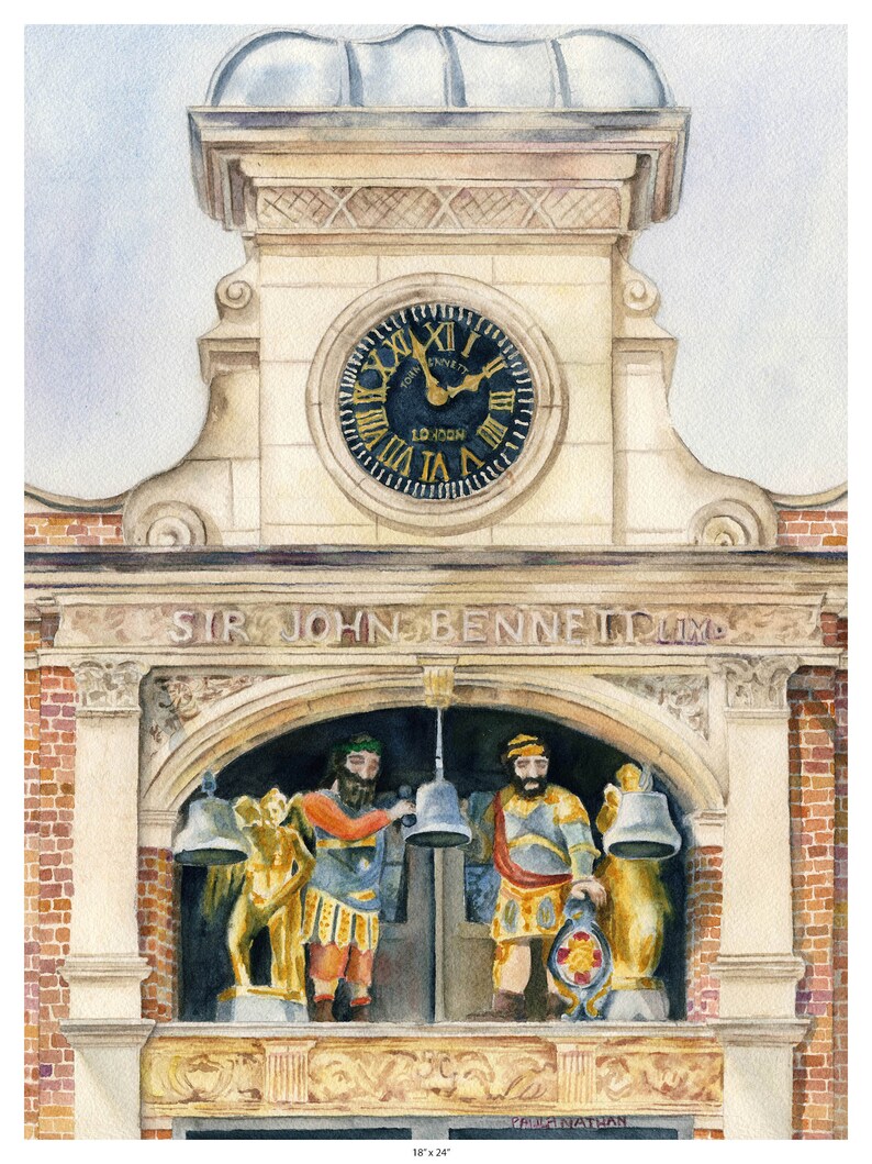 May include: A watercolor painting of a clock tower with a clock face that reads "Sir John Bennett Ltd." The clock tower has a bell tower with two figures ringing bells. The painting is 18 inches by 24 inches.