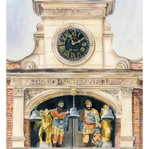 May include: A watercolor painting of a clock tower with a clock face that reads "Sir John Bennett Ltd. London". The tower has a decorative archway with two figures holding bells. The painting is signed "Paul Nathan" and measures 12 x 16 inches.