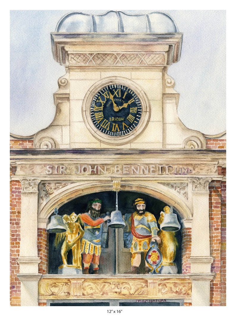 May include: A watercolor painting of a clock tower with a clock face that reads "Sir John Bennett Ltd. London". The tower has a decorative archway with two figures holding bells. The painting is signed "Paul Nathan" and measures 12 x 16 inches.