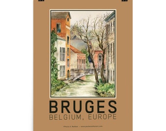 Bruges or Brugge, Belgium Europe Canal and Bridge Travel Poster