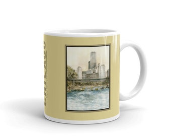 Coffee Mug with painting of Chicago Lincoln Park Skyline and Lagoon, People paddle boating