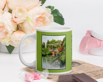 Coffee Mug with painting of Chicago Botanic Gardens, People walking on bridge over water Flower garden painting