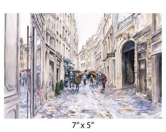 Paris France Street in the Rain — Travel, Watercolor Fine art print