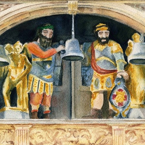 May include: A watercolor painting of a decorative architectural detail featuring two figures with bells. The figures are dressed in gold and red robes and are holding bells in their hands. The bells are gold and have a detailed design.