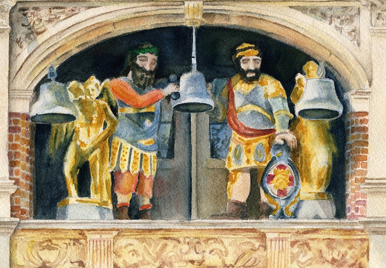 May include: A watercolor painting of a decorative architectural detail featuring two figures with bells. The figures are dressed in gold and red robes and are holding bells in their hands. The bells are gold and have a detailed design.