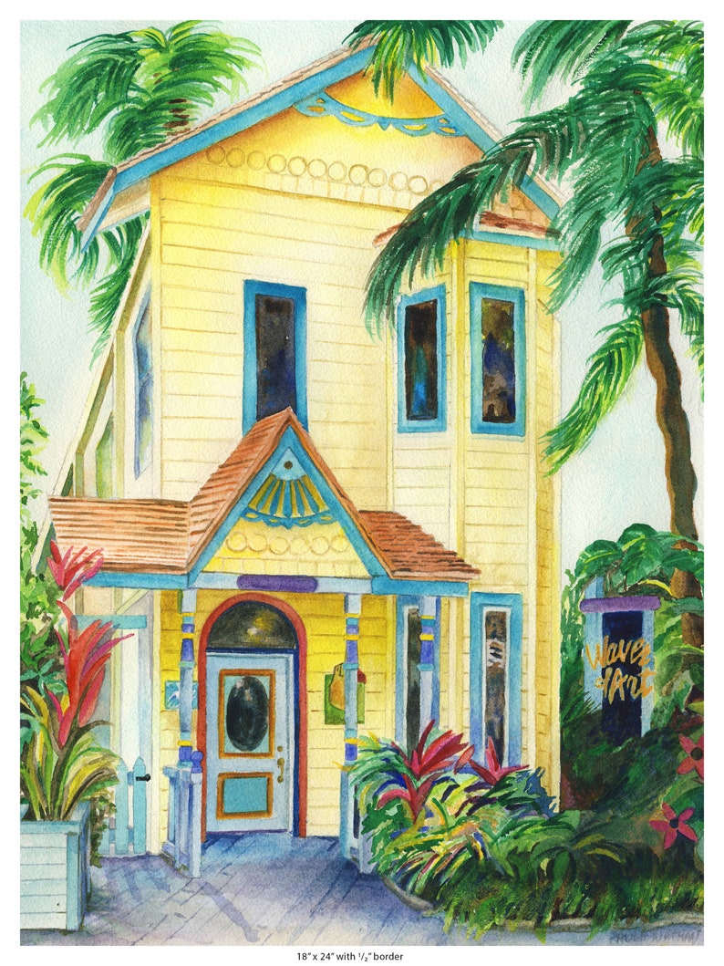 Roatan, Honduras yellow colorful shopfront gift store fine art watercolor print