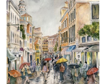 Venice Italy Street in the Rain, Travel, with People under Umbrellas - Watercolor giclee art print