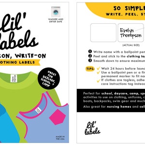 May include: A pack of 42 white, no-iron, write-on clothing labels. The labels are designed for daycare, school, and camp. The labels are washer and dryer safe. The image shows a sample label with the name "Evelyn Thompson" written on it. The text "SO SIMPLE! WRITE, PEEL, STICK." is also visible on the image.