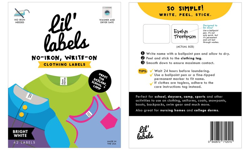 May include: A pack of 42 white, no-iron, write-on clothing labels. The labels are designed for daycare, school, and camp. The labels are washer and dryer safe. The image shows a sample label with the name "Evelyn Thompson" written on it. The text "SO SIMPLE! WRITE, PEEL, STICK." is also visible on the image.