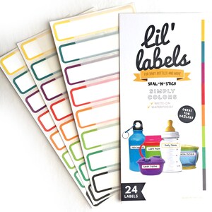 Bottle Labels (Simply Colors 24pk / waterproof labels for daycare / dishwasher-safe labels for school) FREE ship in US