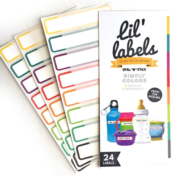 Bottle Labels (Simply Colors 24pk / waterproof labels for daycare / dishwasher-safe labels for school) FREE ship in US