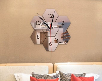Hexagonal wall clock, kids bedroom decor,mirror wall clock, living room wall decor, silent wall clock, baby room wall clock, clock for gift.
