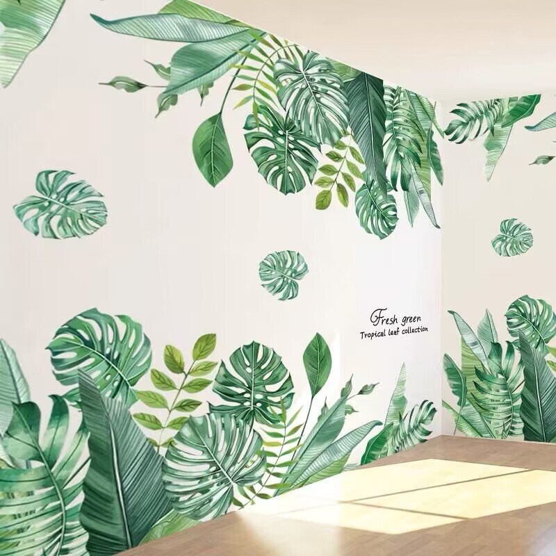 Tropical Green Leaf Wall Decal Living Room Decor Monstera Etsy