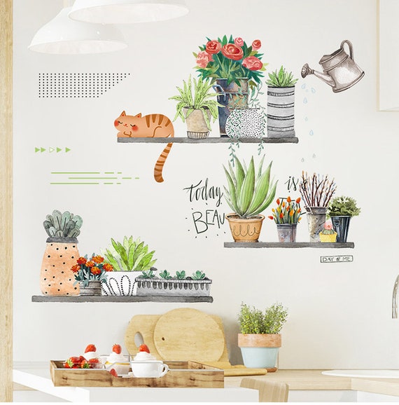 Fresh Potted Plants Decal Cute Cat Green Decals Tropical Etsy