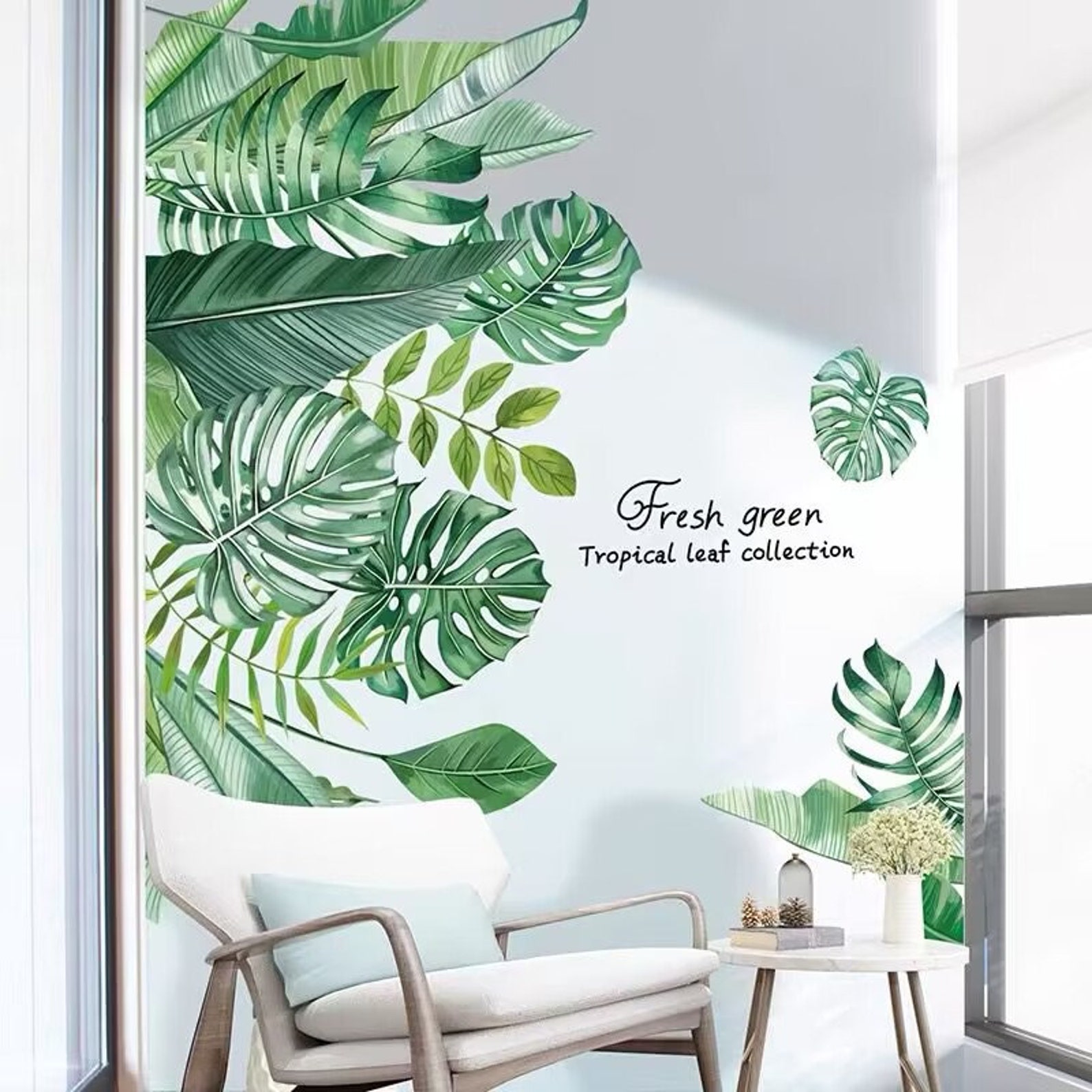 Tropical Green Leaf Wall Decal Living Room Decor Monstera Etsy