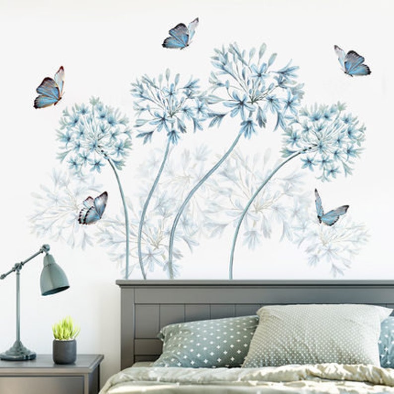 blue dandelion home decor plant Decal butterfly house wallpaper nursery Removable Vinyl Wall sticker living room girls