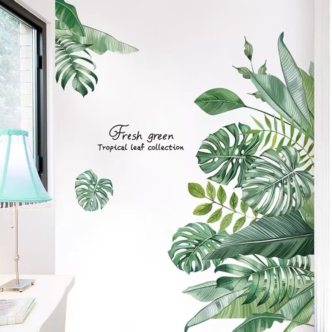 Tropical Green Leaf Wall Decal Living Room Decor Monstera Etsy