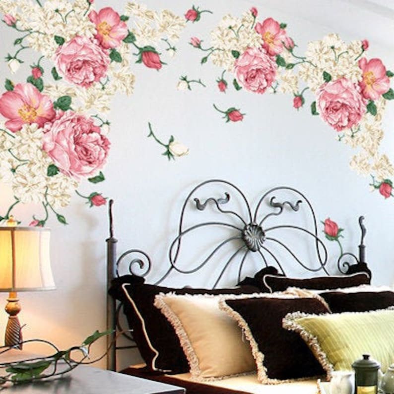 Large romantic peony floral wall decal pink flower wall Etsy
