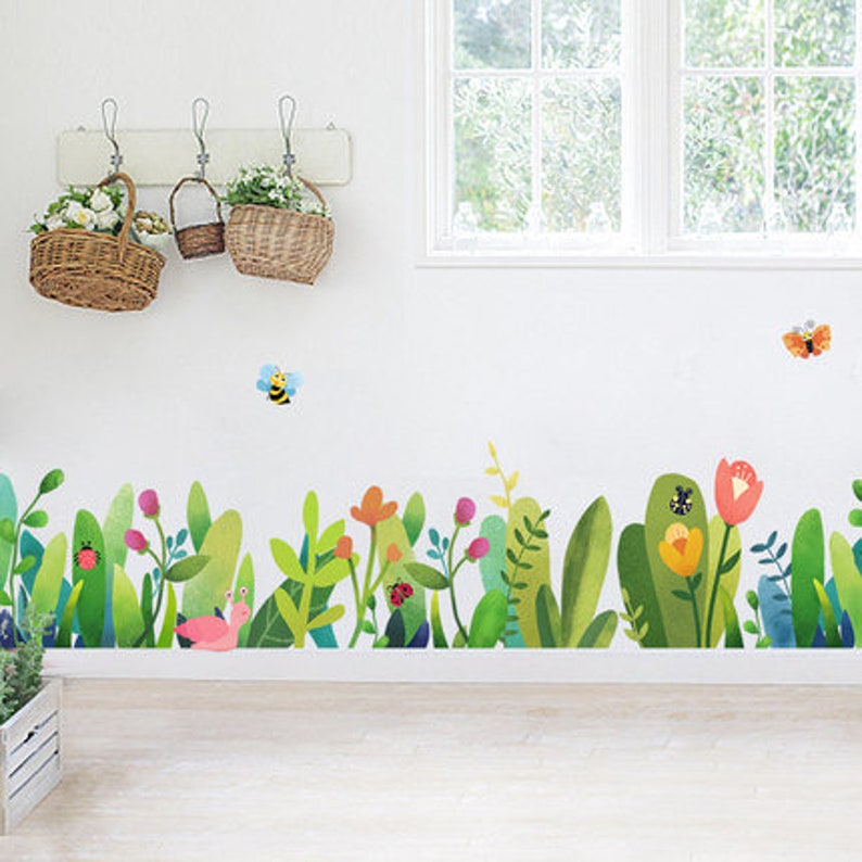 Garden Wall Decal Green Plants Wall Stickers Butterfly Kicking Etsy